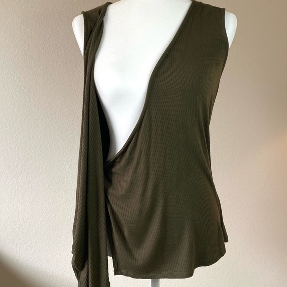 Olive Green V-Neck Rib Wrap Tank Top, Bobeau - Picture 5 of 6